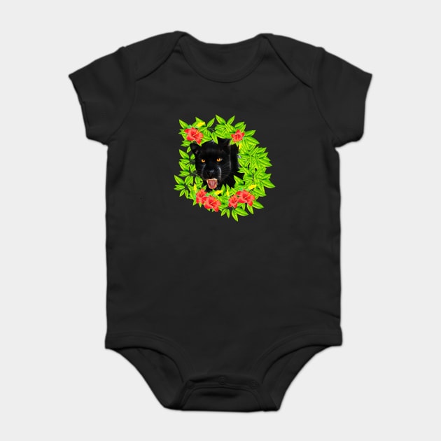 Tropical - Jaguar Cat, Black panther, Floral theme Baby Bodysuit by logiamerch